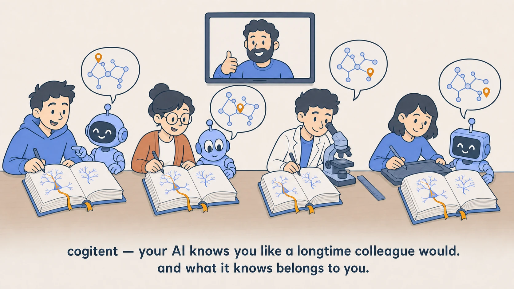 Page 5 — A colleague for everyone: an engineer, a knowledge worker, a researcher and a designer each with their own AI and their own notebook; caption reads: cogitent — your AI knows you like a longtime colleague would, and what it knows belongs to you.